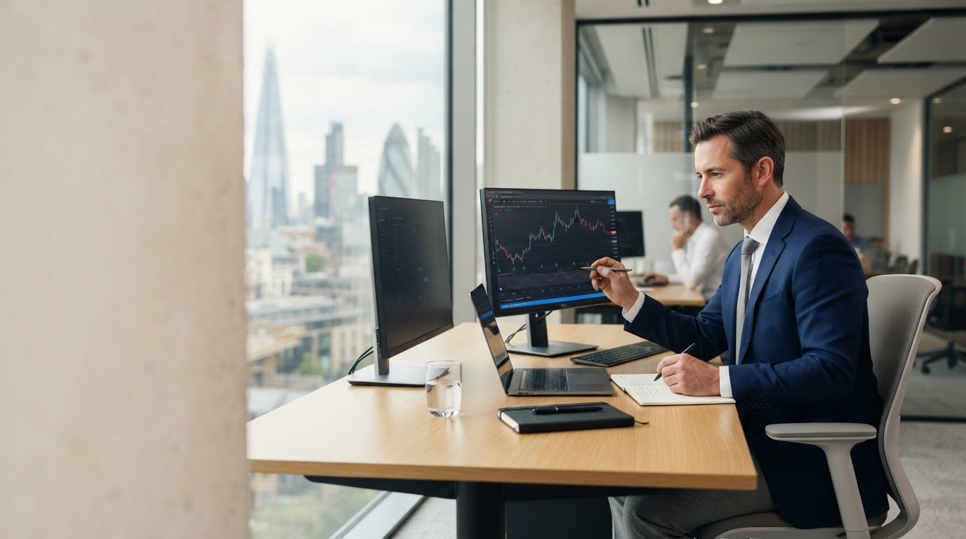Kastvor Securities analyst reviewing portfolio risk data on a laptop while travelling
